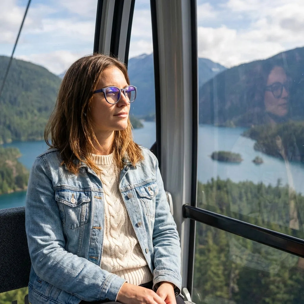 Lentes ópticos Ashley Azul modelo en teleférico con vista a lago Bonoboss #editorial_lifestyle3 #color_azul