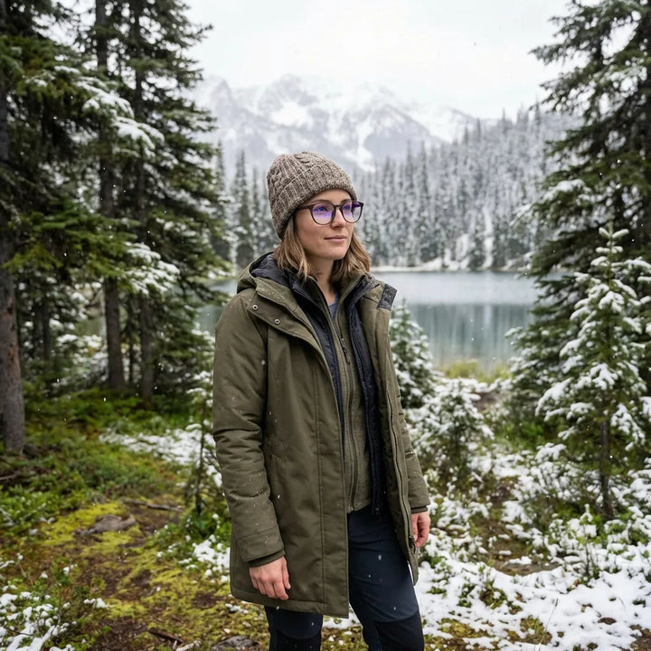 Lentes ópticos Ashley Brown modelo con gorro en bosque nevado invernal Bonoboss #editorial_lifestyle1 #color_brown