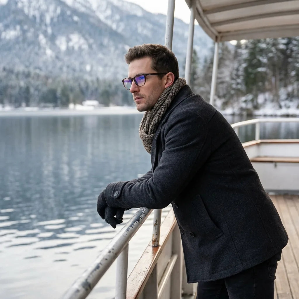 Lentes ópticos Ashley Brown modelo en barco lago con bosque nevado Bonoboss #editorial_lifestyle2 #color_brown