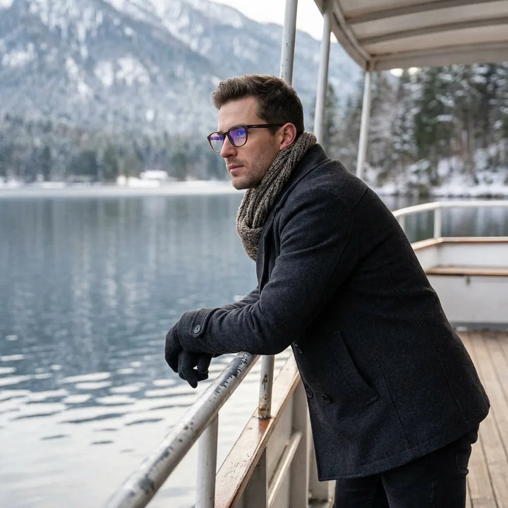 Lentes ópticos Ashley Brown modelo en barco lago con bosque nevado Bonoboss #editorial_lifestyle2 #color_brown