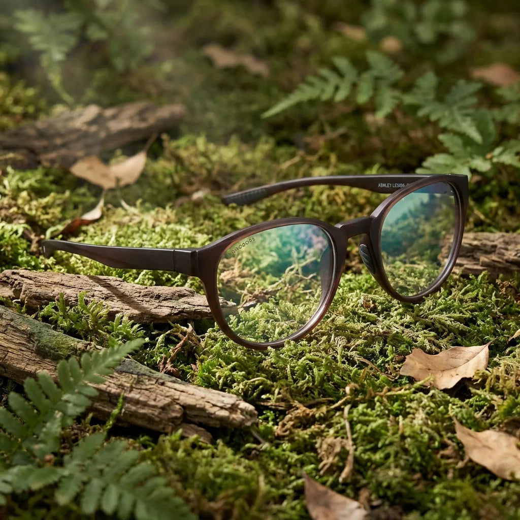 Lentes ópticos Ashley Brown en bosque verde natural diseño sustentable Bonoboss #editorial_sustentabilidad #color_brown