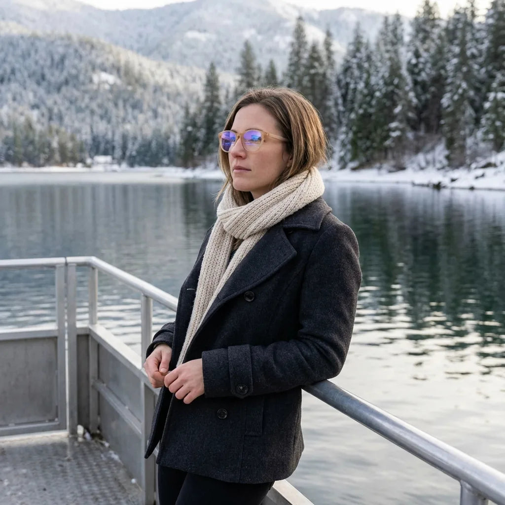 Lentes ópticos Ashley Peach modelo en barco lago con bosque nevado Bonoboss #editorial_lifestyle1 #color_peach