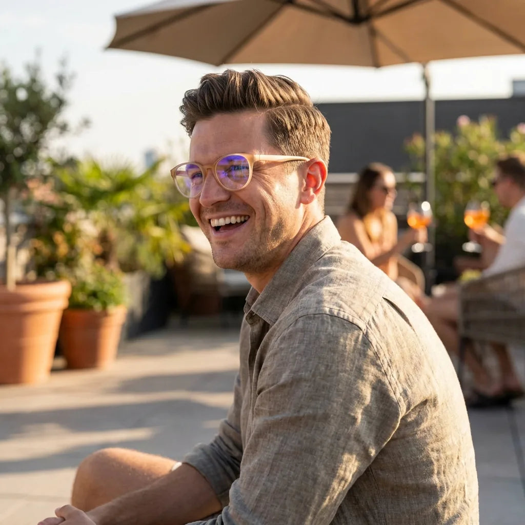 Lentes ópticos Ashley Peach mujer en terraza con vista panorámica Bonoboss #editorial_lifestyle2 #color_peach