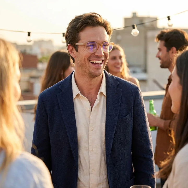 Lentes ópticos Ashley Peach modelo en contexto social urbano profesional Bonoboss #editorial_lifestyle4 #color_peach