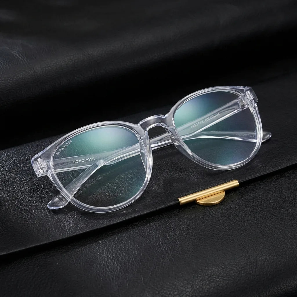 Lentes ópticos Ashley Transparente sobre cuero negro con detalle brass dorado calidad premium receta Bonoboss #editorial_banner_confianza #color_transparente