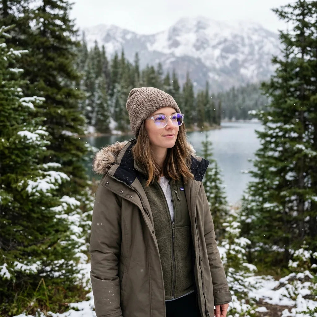 Lentes ópticos Ashley Transparente modelo con gorro en bosque nevado invernal Bonoboss #editorial_lifestyle1 #color_transparente