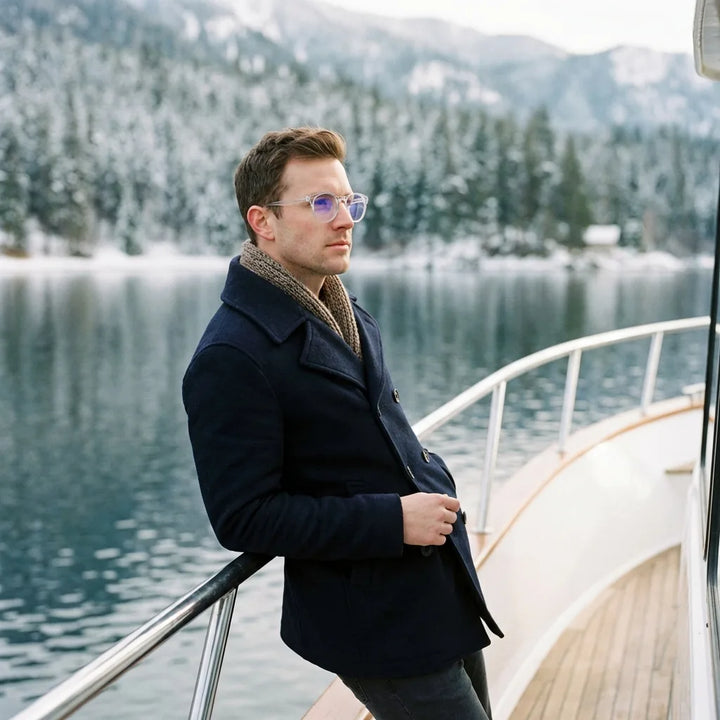 Lentes ópticos Ashley Transparente modelo en barco lago con bosque nevado Bonoboss #editorial_lifestyle2 #color_transparente