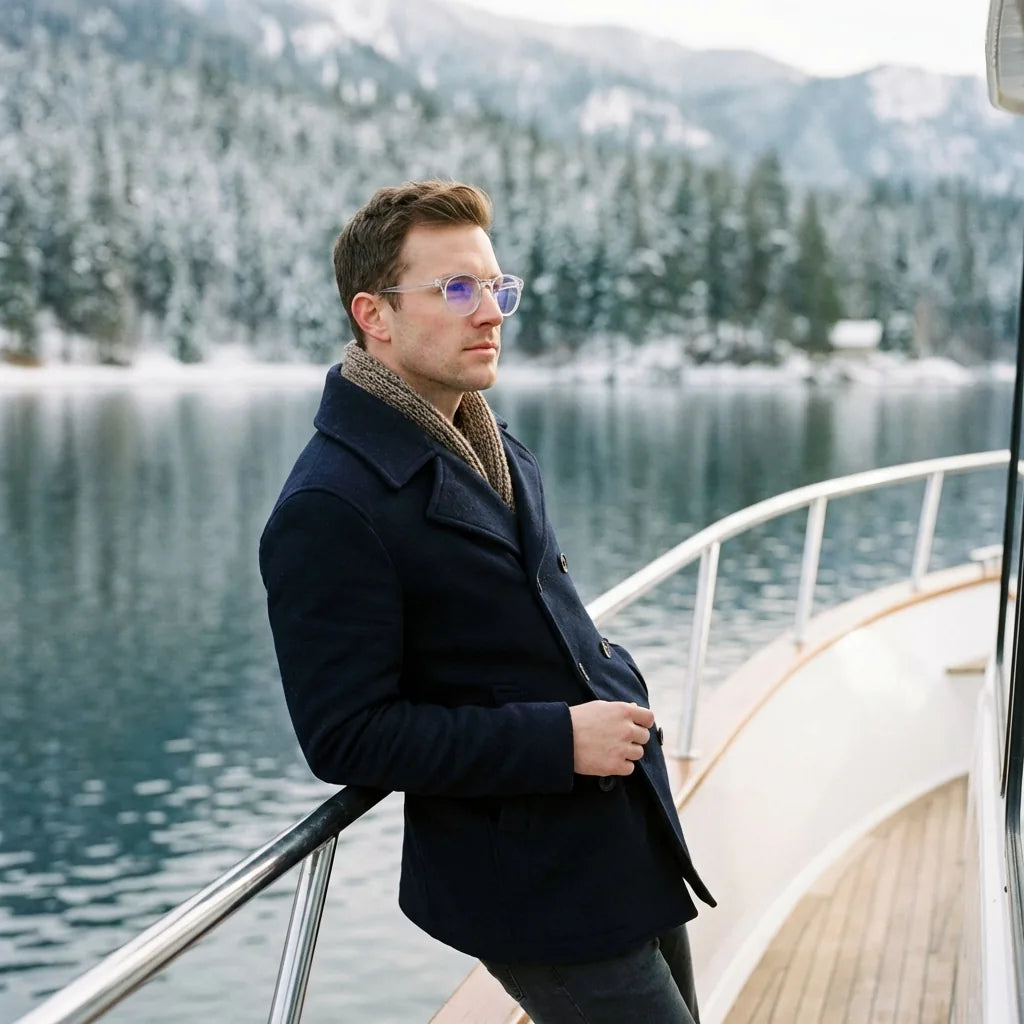 Lentes ópticos Ashley Transparente modelo en barco lago con bosque nevado Bonoboss #editorial_lifestyle2 #color_transparente