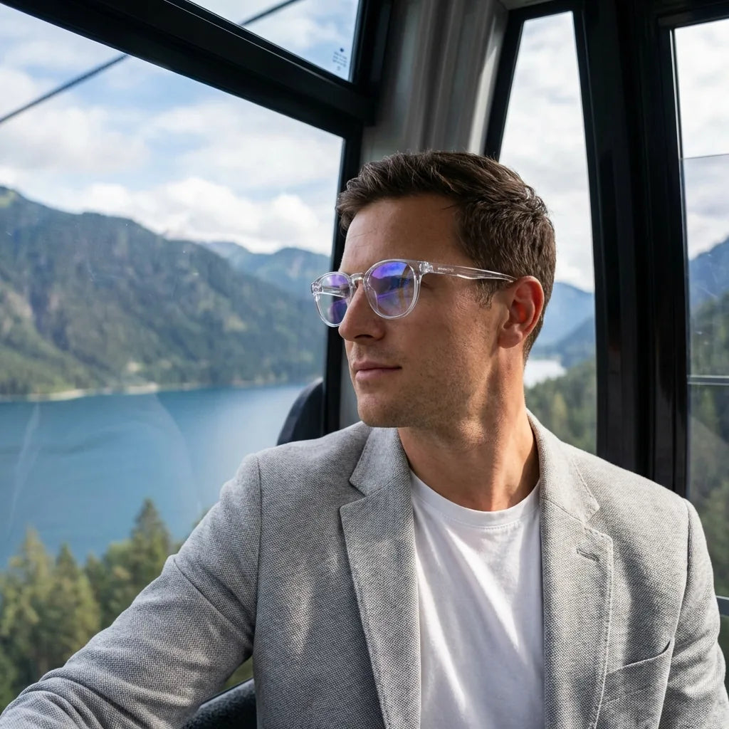 Lentes ópticos Ashley Transparente modelo en teleférico con vista a lago Bonoboss #editorial_lifestyle3 #color_transparente