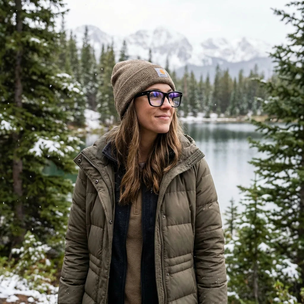 Lentes ópticos Barcelona 1 Negro modelo con gorro en bosque nevado invernal Bonoboss #editorial_lifestyle1 #color_negro