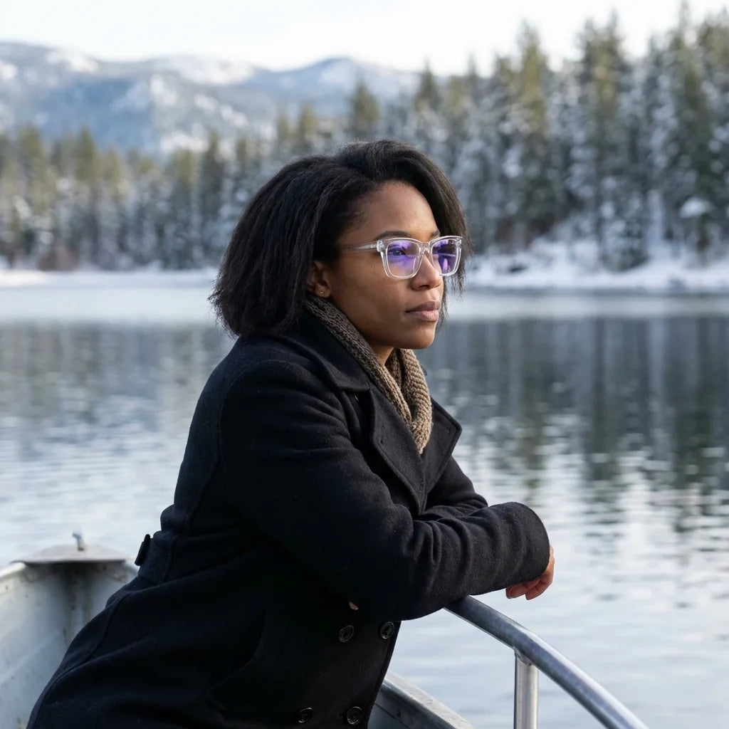 Lentes ópticos Barcelona 1 Transparente modelo en barco lago con bosque nevado Bonoboss #editorial_lifestyle2 #color_transparente