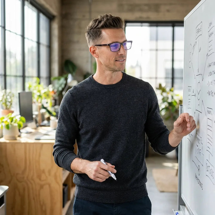 Lentes ópticos Canelillo Morado hombre profesional en coworking moderno Bonoboss #editorial_lifestyle2 #color_morado