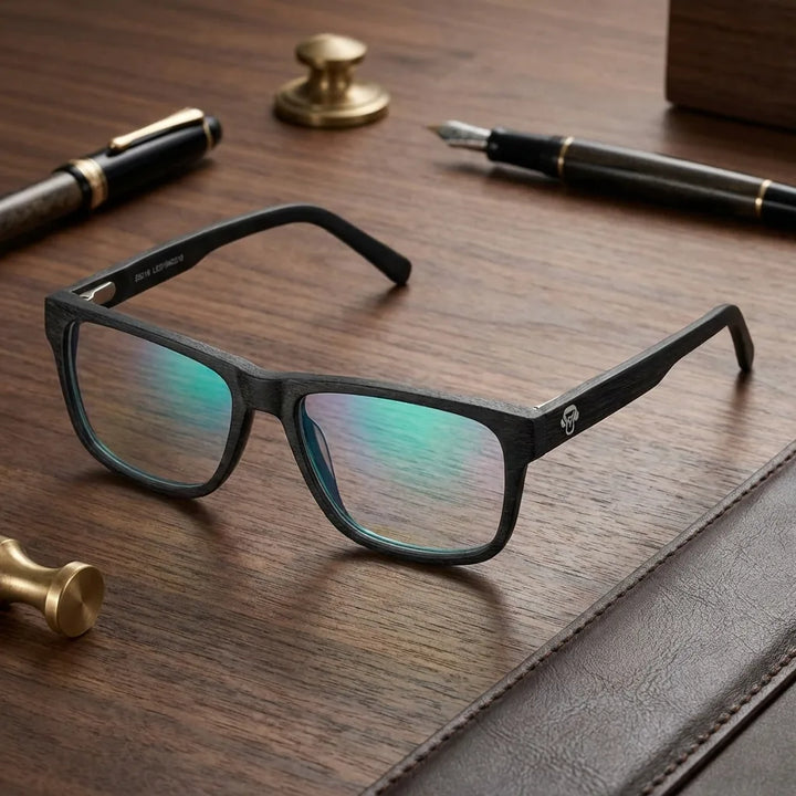 Lentes ópticos Canelo Black sobre escritorio de madera premium calidad premium receta Bonoboss #editorial_banner_confianza #color_black