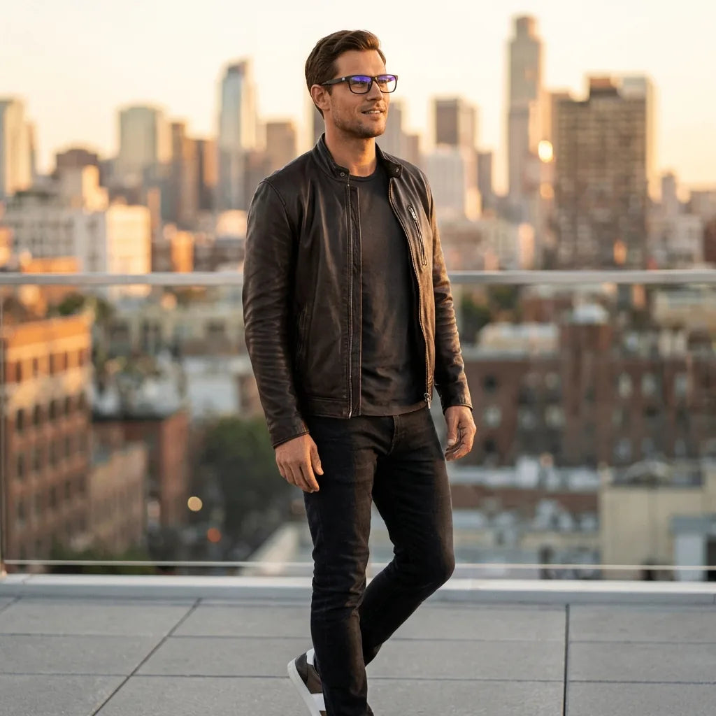 Lentes ópticos Canelo Black hombre profesional en rooftop urbano atardecer Bonoboss #editorial_lifestyle1 #color_black