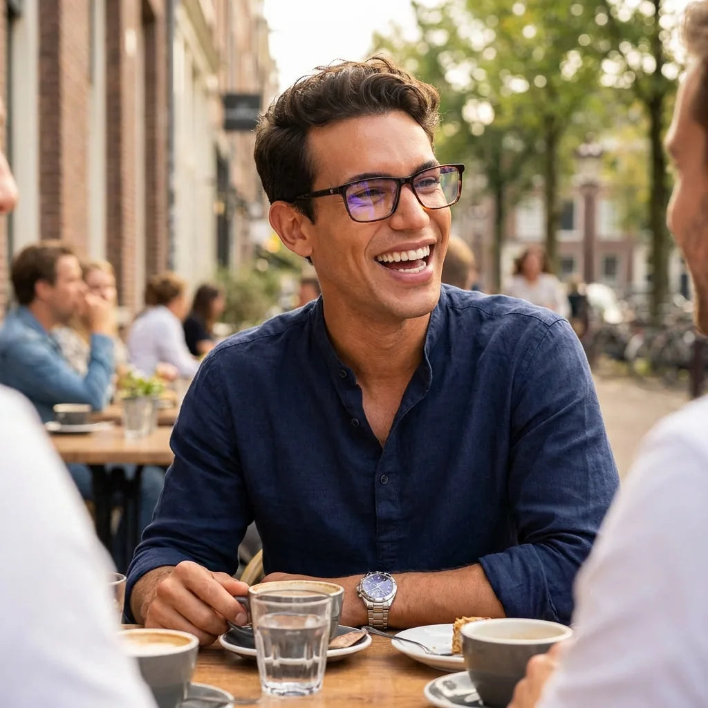 Lentes ópticos Canelo Carey hombre en café con amigos ambiente social Bonoboss #editorial_lifestyle2 #color_carey