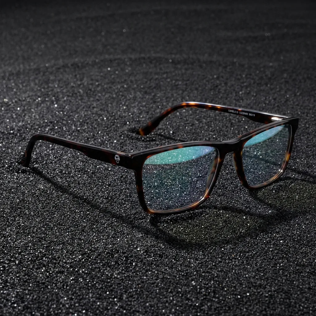 Lentes ópticos Canelo Carey sobre arena volcánica texturizada diseño sustentable Bonoboss #editorial_sustentabilidad #color_carey