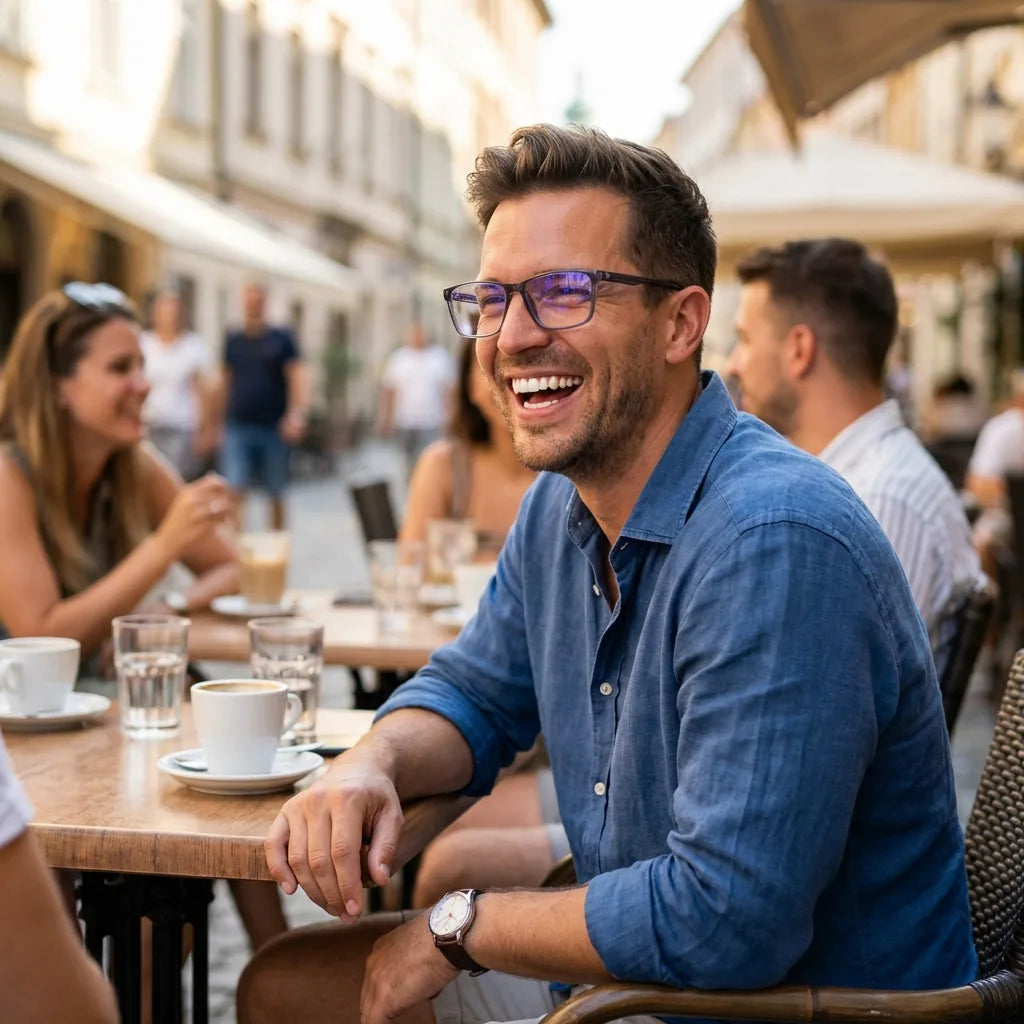 Lentes ópticos Canelo Transparente hombre en café con amigos ambiente social Bonoboss #editorial_lifestyle2 #color_transparente