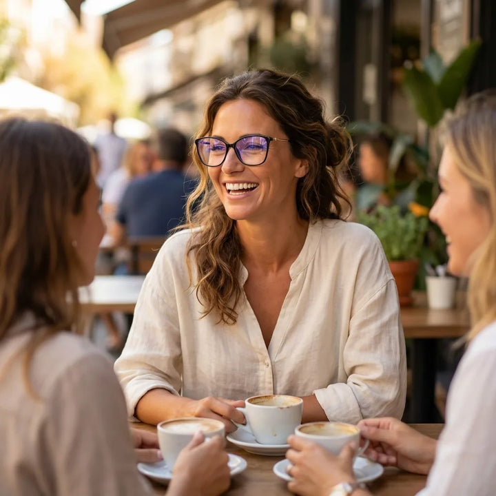 Lentes ópticos Carolina Negro mujer en café con amigas ambiente social Bonoboss #editorial_lifestyle1 #color_negro