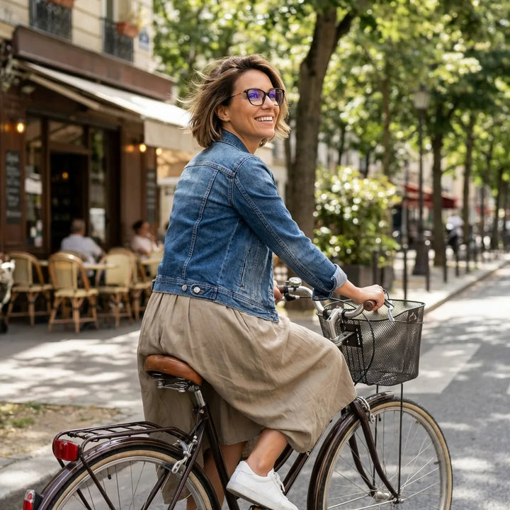 Lentes ópticos Carolina Negro mujer en bicicleta vintage café urbano Bonoboss #editorial_lifestyle3 #color_negro