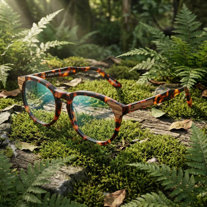 Lentes ópticos Chiloe 0084 Opticos Carey en bosque verde natural diseño sustentable Bonoboss #editorial_sustentabilidad #color_carey