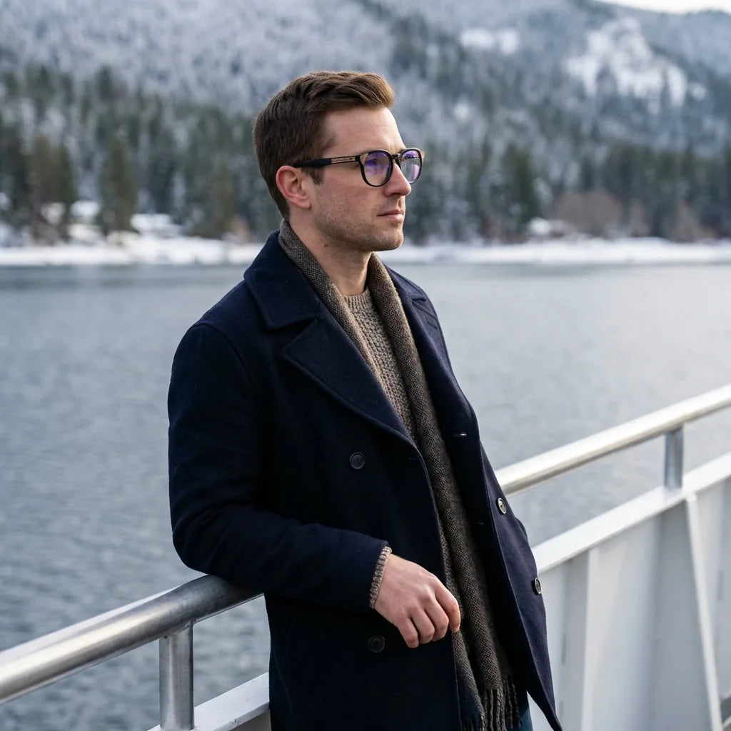 Lentes ópticos Chiloe 0084 Opticos Negro modelo en barco lago con bosque nevado Bonoboss #editorial_lifestyle2 #color_negro