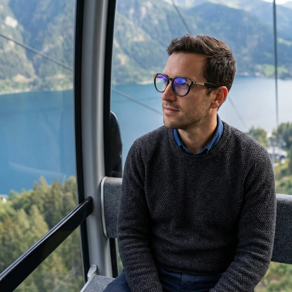 Lentes ópticos Chiloe 0084 Opticos Negro modelo en teleférico con vista a lago Bonoboss #editorial_lifestyle4 #color_negro