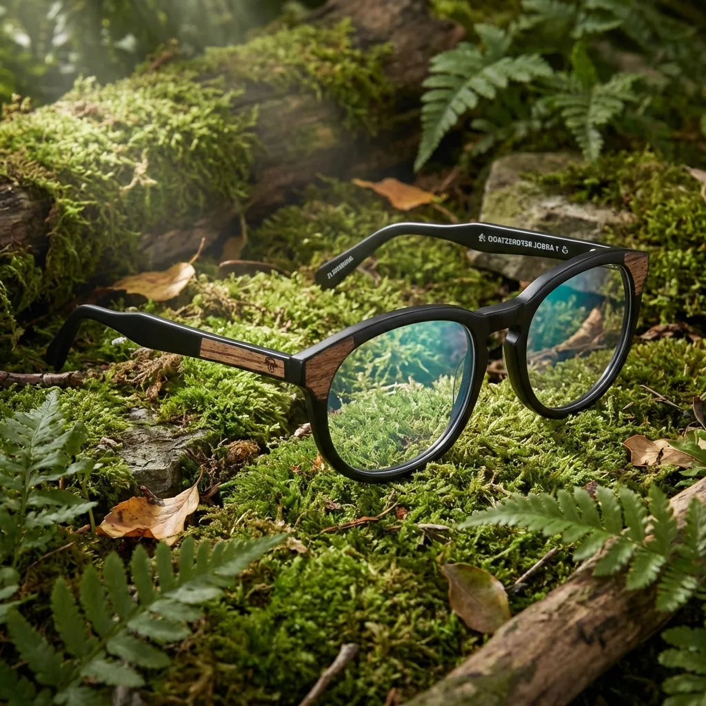 Lentes ópticos Chiloe 0084 Opticos Negro en bosque verde natural diseño sustentable Bonoboss #editorial_sustentabilidad #color_negro