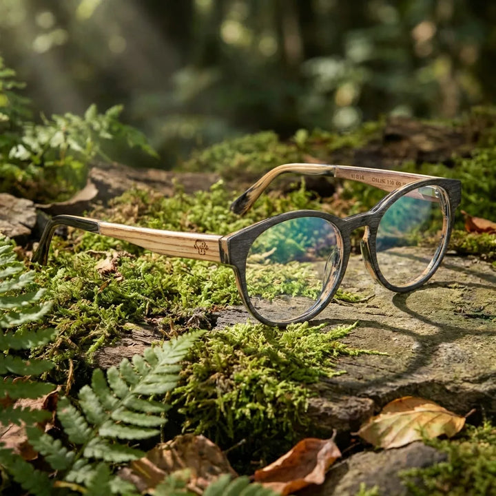 Lentes ópticos Chiloe Gris en bosque verde natural diseño sustentable Bonoboss #editorial_sustentabilidad #color_gris