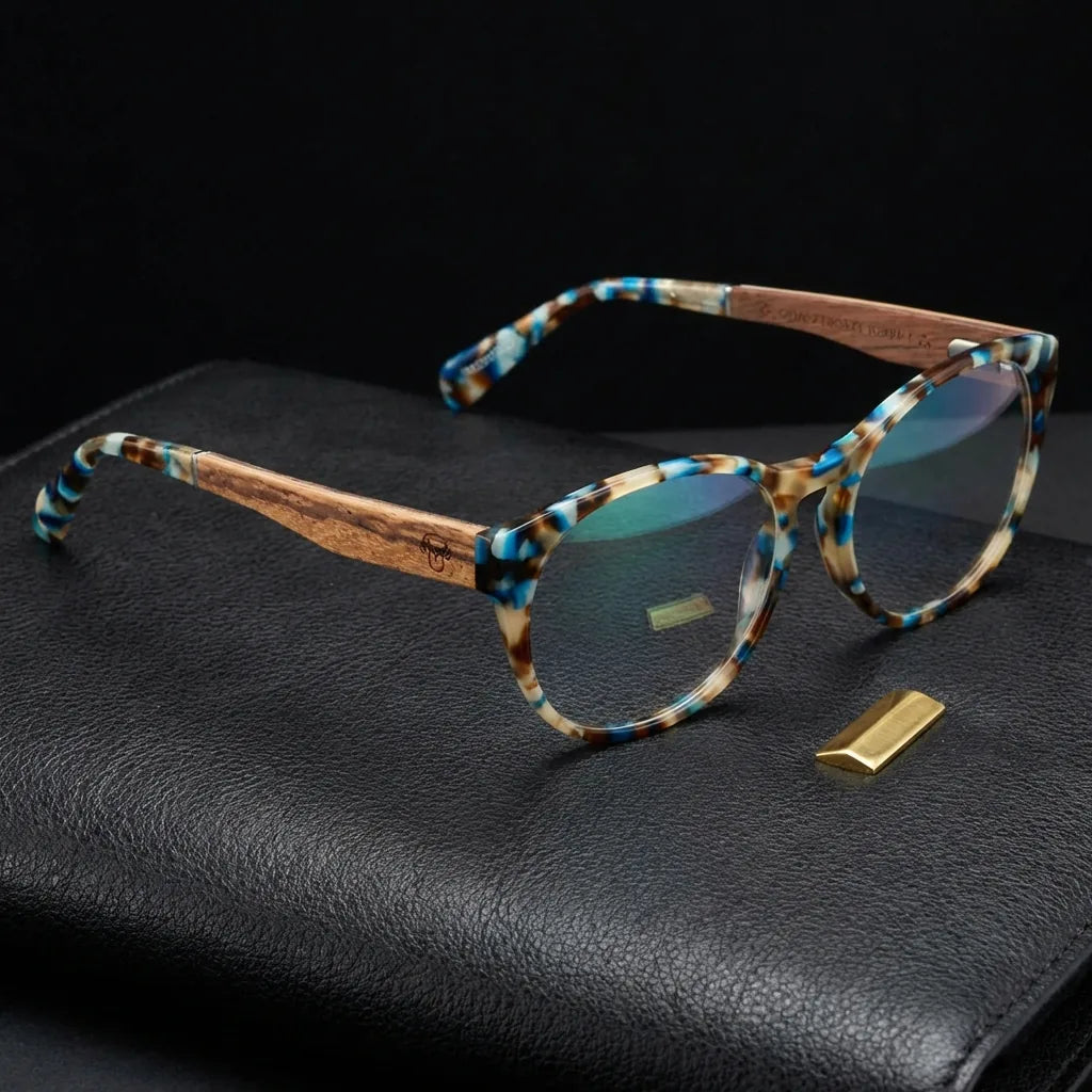 Lentes ópticos Chiloe 111 Blue sobre cuero negro con detalle brass dorado armazón premium Bonoboss #editorial_armazon #color_blue