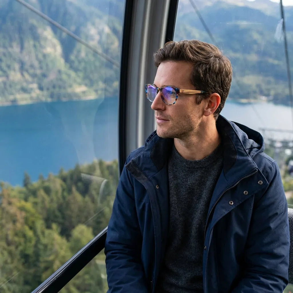 Lentes ópticos Chiloe 111 Carey modelo en teleférico con vista a lago Bonoboss #editorial_lifestyle2 #color_carey