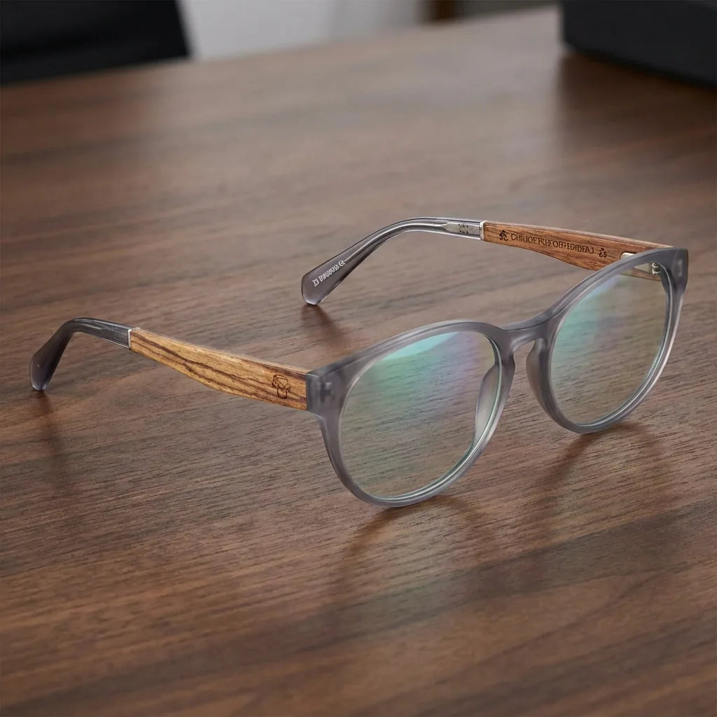 Lentes ópticos Chiloe 111 Transparente sobre escritorio de madera premium armazón premium Bonoboss #editorial_armazon #color_transparente