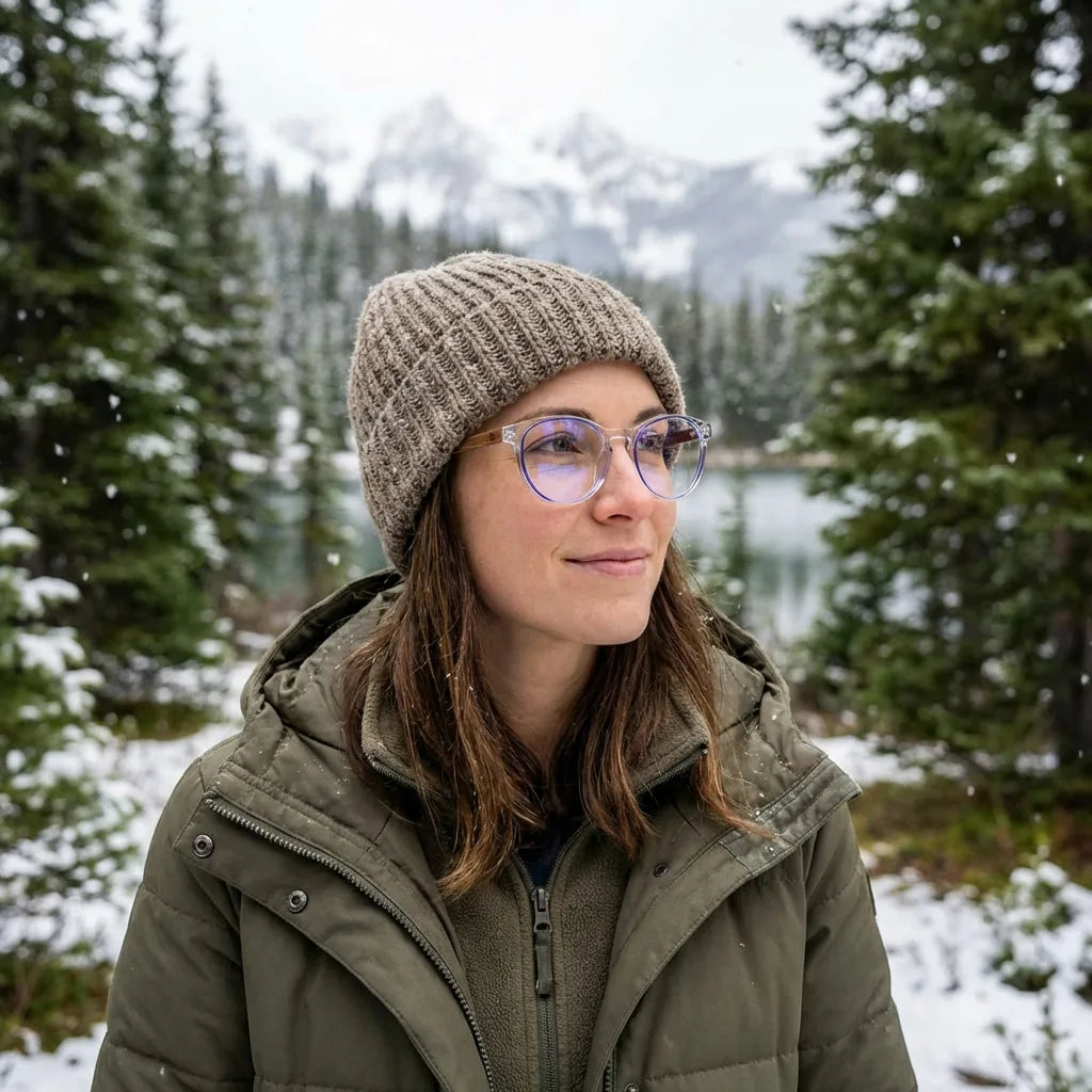 Lentes ópticos Chiloe Azul modelo con gorro en bosque nevado invernal Bonoboss #editorial_lifestyle1 #color_azul