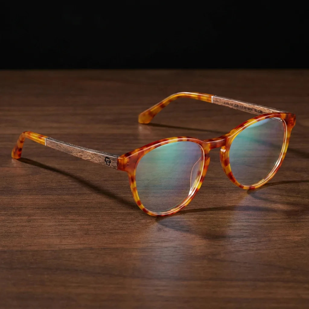 Lentes ópticos Chiloe Naranja sobre escritorio de madera premium calidad premium receta Bonoboss #editorial_banner_confianza #color_naranja