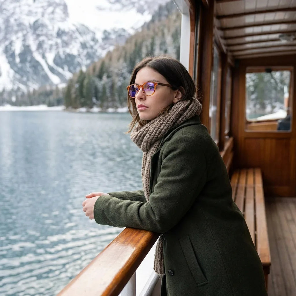 Lentes ópticos Chiloe Naranja modelo en barco lago con bosque nevado Bonoboss #editorial_lifestyle1 #color_naranja