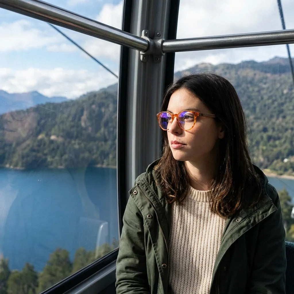 Lentes ópticos Chiloe Naranja modelo en teleférico con vista a lago Bonoboss #editorial_lifestyle3 #color_naranja