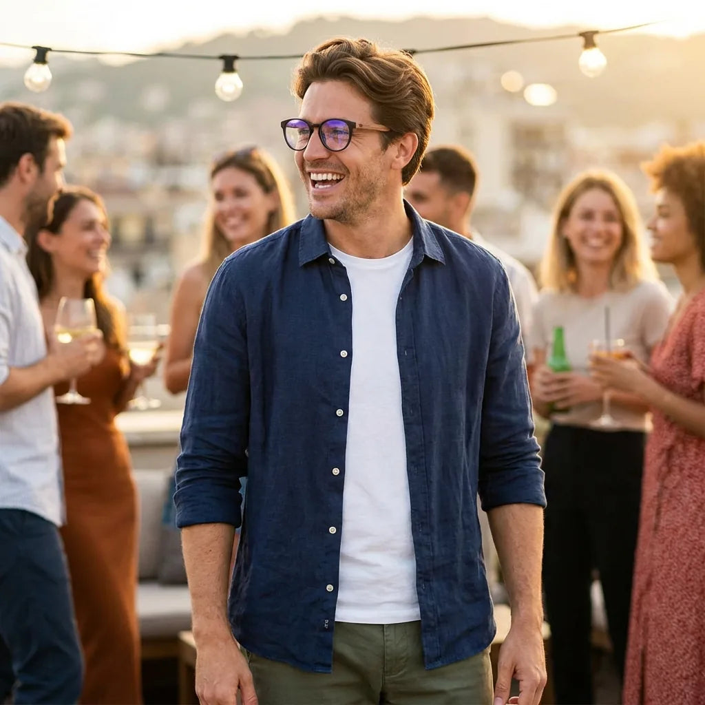 Lentes ópticos Chiloe Negro modelo en contexto social urbano profesional Bonoboss #editorial_lifestyle2 #color_negro