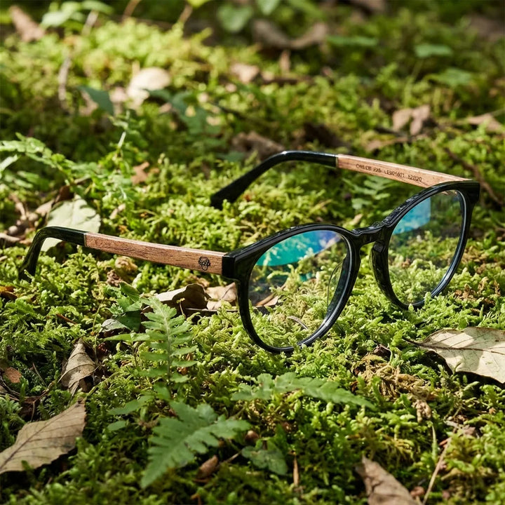 Lentes ópticos Chiloe Negro en bosque verde natural diseño sustentable Bonoboss #editorial_sustentabilidad #color_negro