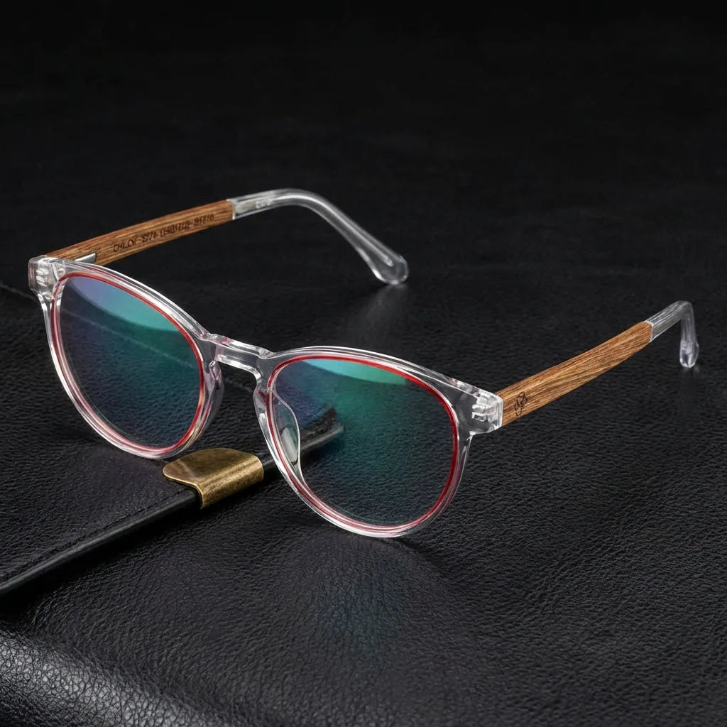 Lentes ópticos Chiloe Rojo sobre cuero negro con detalle brass dorado calidad premium receta Bonoboss #editorial_banner_confianza #color_rojo