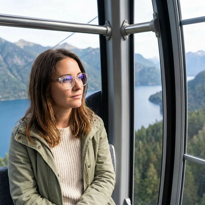 Lentes ópticos Chiloe Transparente modelo en teleférico con vista a lago Bonoboss #editorial_lifestyle1 #color_transparente