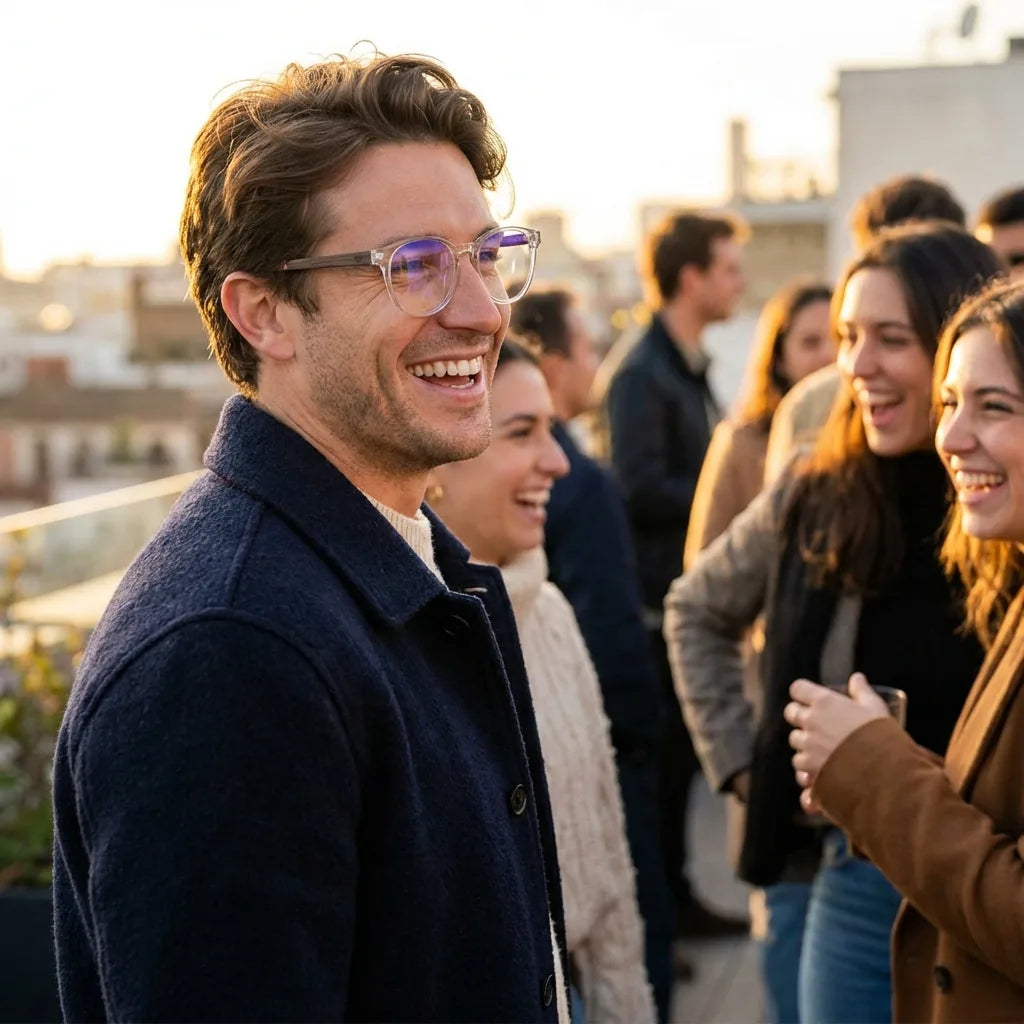 Lentes ópticos Chiloe Transparente modelo en contexto social urbano profesional Bonoboss #editorial_lifestyle2 #color_transparente