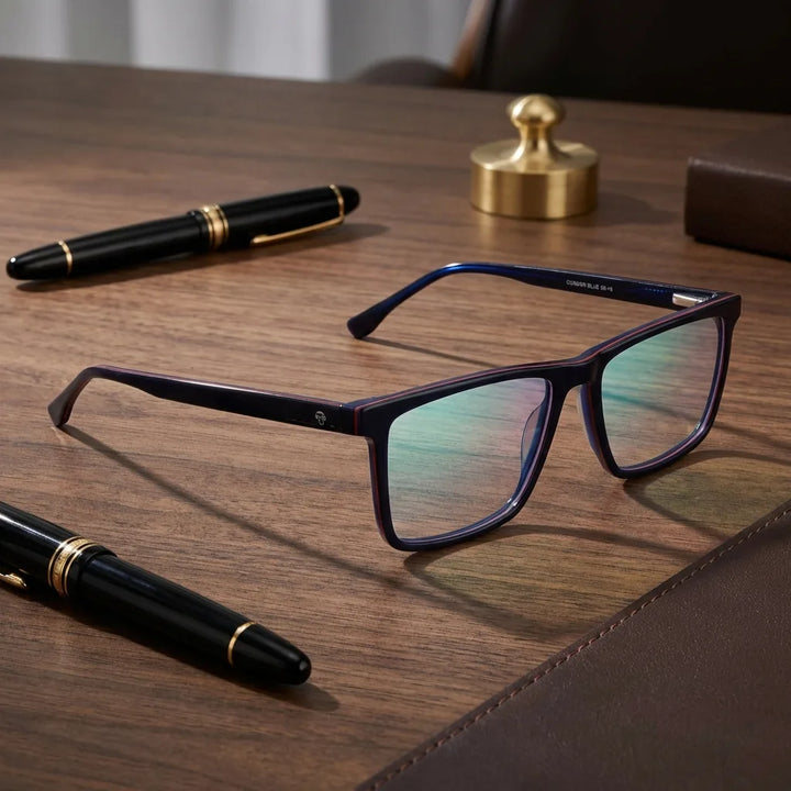 Lentes ópticos Condor Azul sobre escritorio de madera premium calidad premium receta Bonoboss #editorial_banner_confianza #color_azul