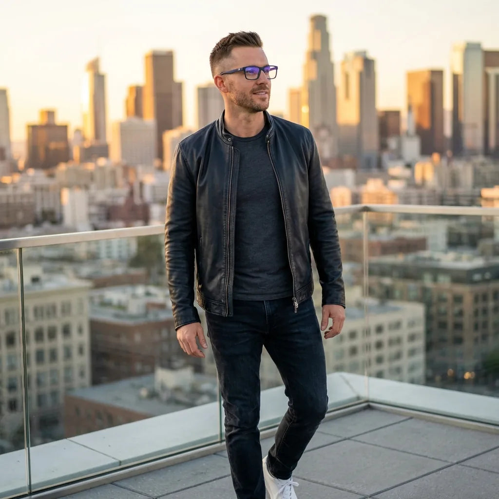 Lentes ópticos Condor Azul hombre profesional en rooftop urbano atardecer Bonoboss #editorial_lifestyle1 #color_azul