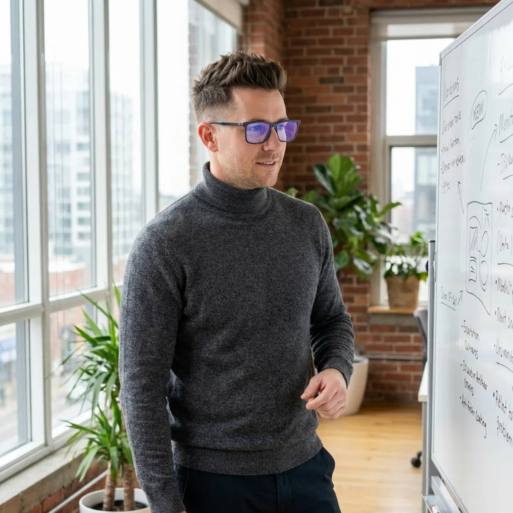 Lentes ópticos Condor Azul hombre profesional en coworking moderno Bonoboss #editorial_lifestyle2 #color_azul