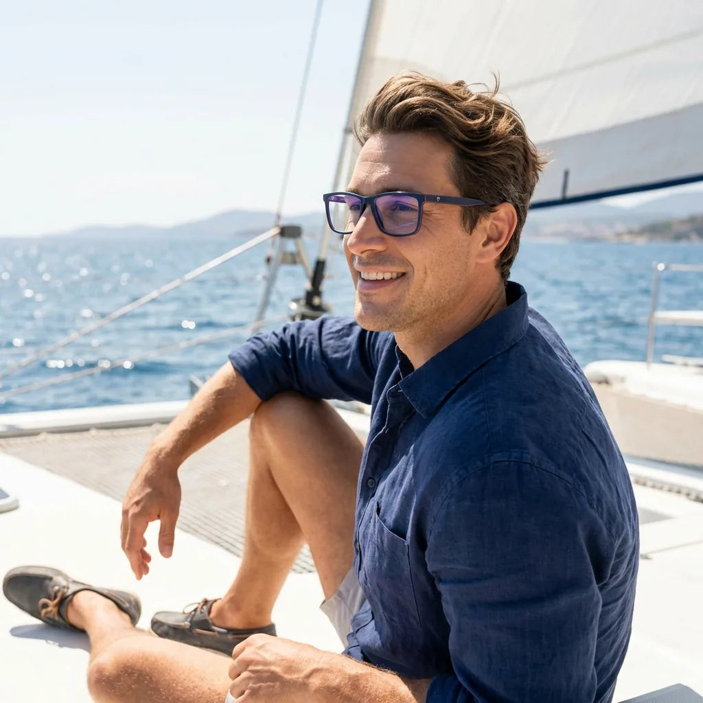 Lentes ópticos Condor Azul hombre en catamarán navegando costa Bonoboss #editorial_lifestyle3 #color_azul