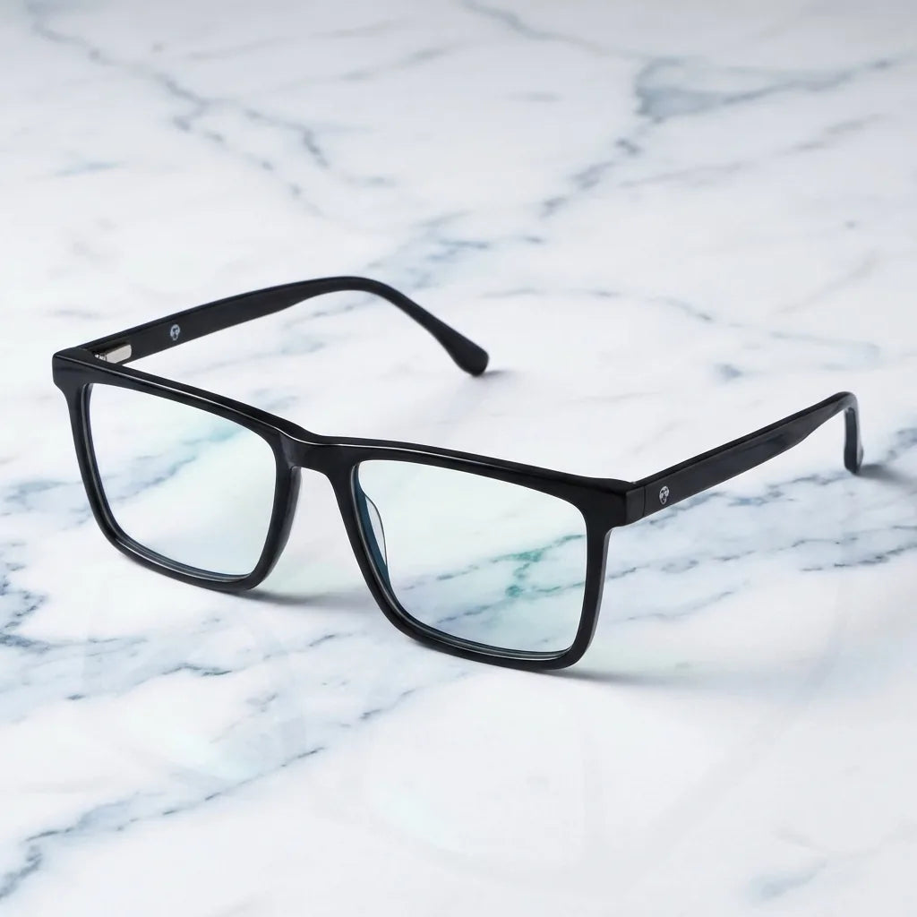 Lentes ópticos Condor Negro sobre mármol blanco elegante armazón premium Bonoboss #editorial_armazon #color_negro