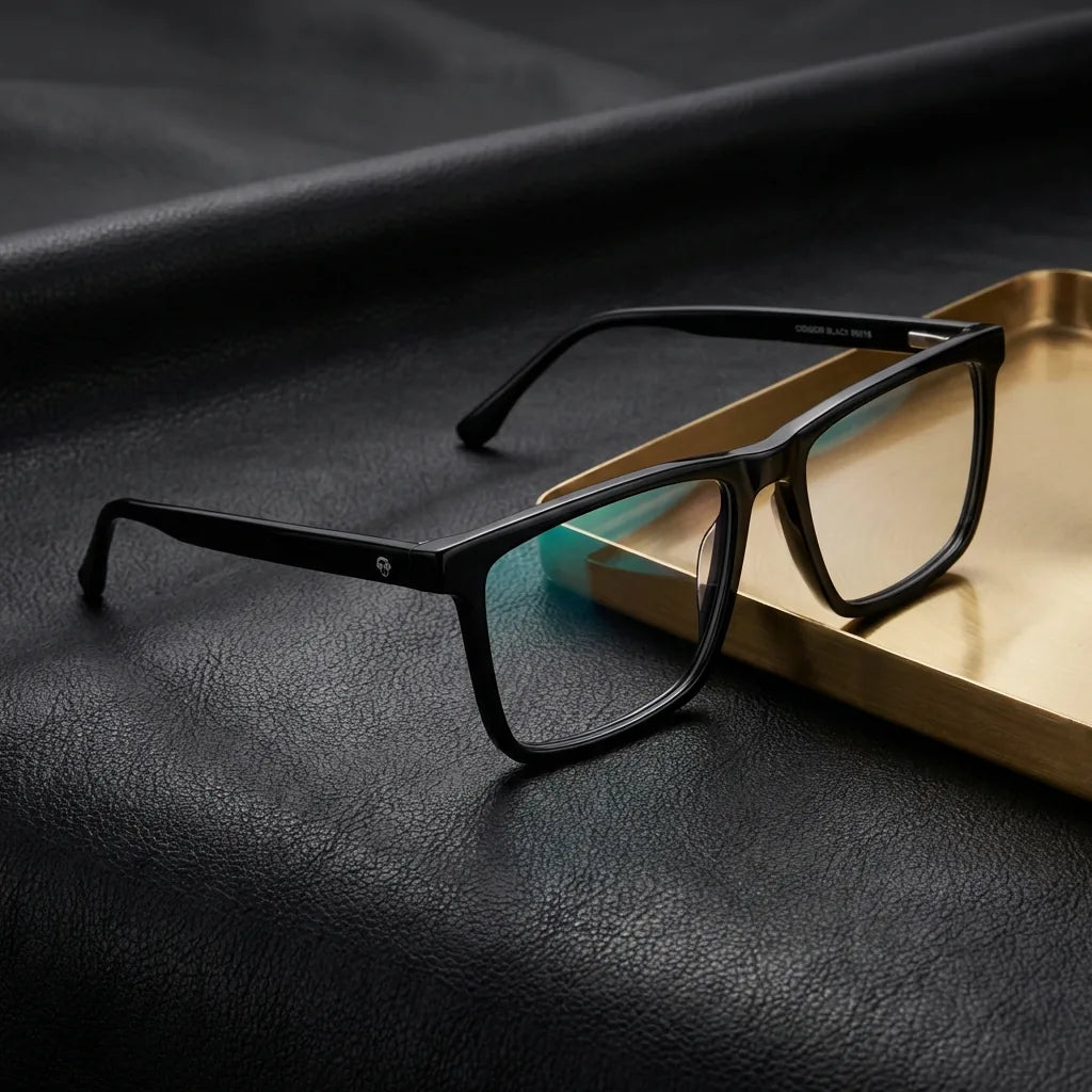 Lentes ópticos Condor Negro sobre cuero negro con detalle brass dorado calidad premium receta Bonoboss #editorial_banner_confianza #color_negro