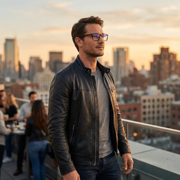 Lentes ópticos Condor Negro hombre profesional en rooftop urbano atardecer Bonoboss #editorial_lifestyle1 #color_negro