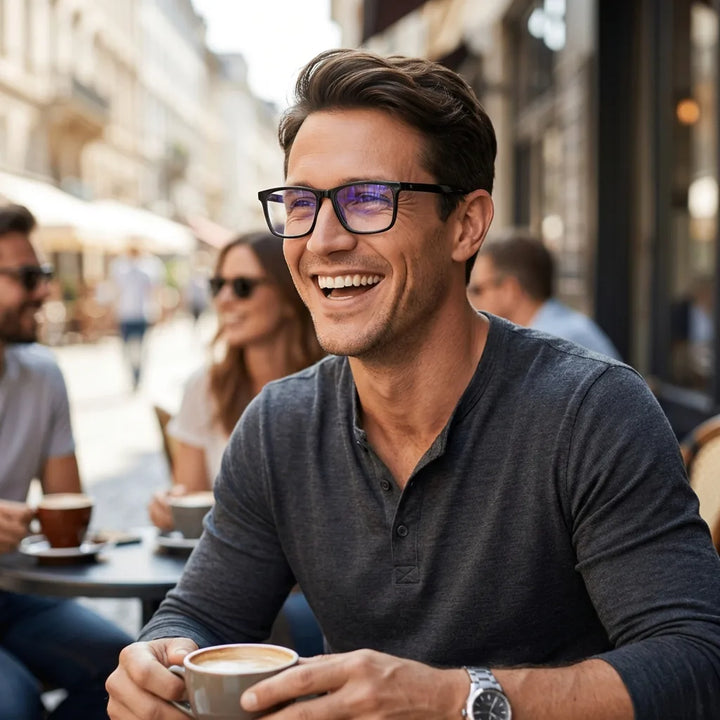 Lentes ópticos Condor Negro hombre en café con amigos ambiente social Bonoboss #editorial_lifestyle2 #color_negro