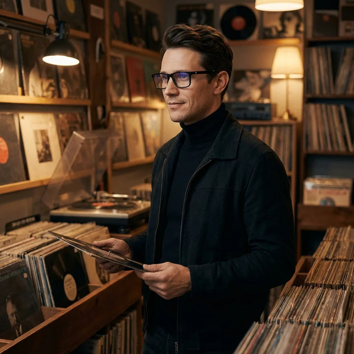 Lentes ópticos Condor Negro hombre escuchando vinilo estilo creativo Bonoboss #editorial_lifestyle4 #color_negro