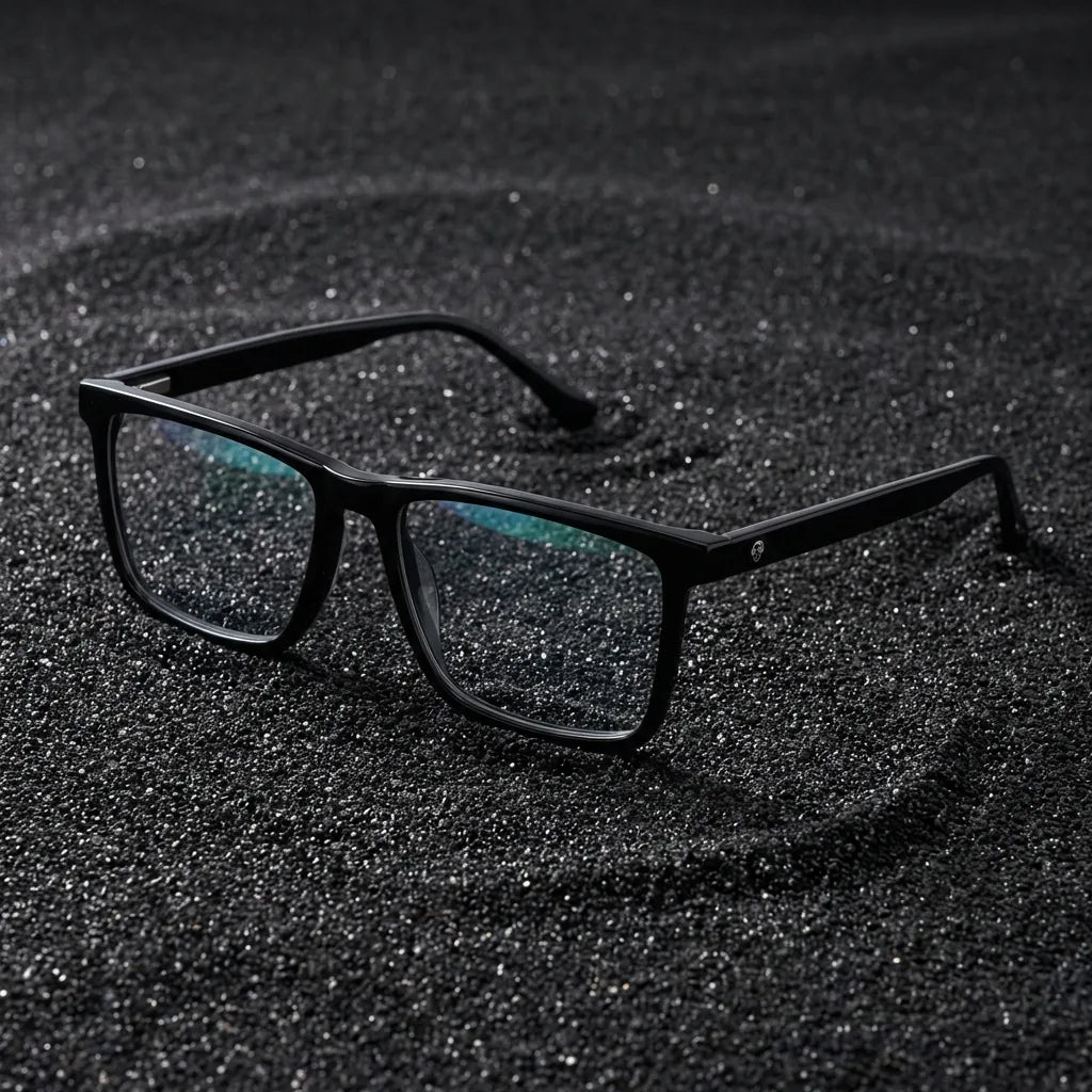 Lentes ópticos Condor Negro sobre arena volcánica texturizada diseño sustentable Bonoboss #editorial_sustentabilidad #color_negro